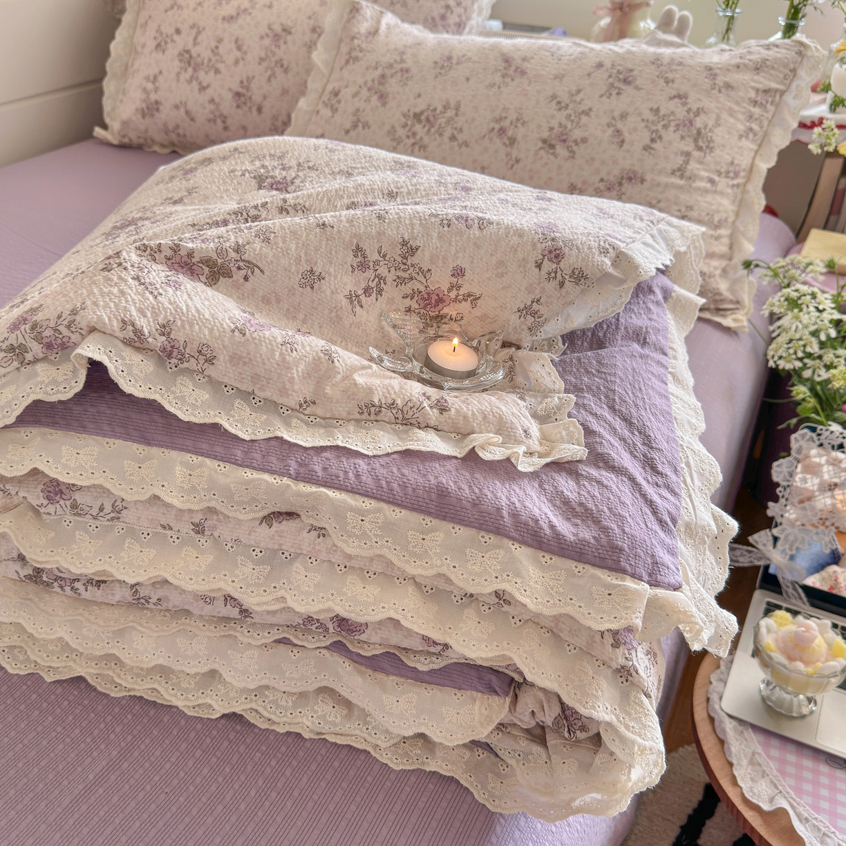 初念 2026新款泡芙纱全花边夏被四件套 花笺-柔紫碎花屿