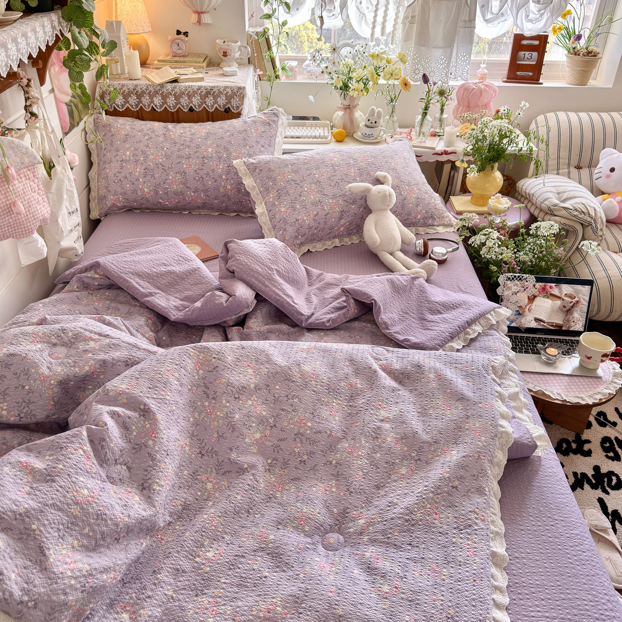 91家纺网 家纺一手货源 找家纺 初念 2026新款泡芙纱全花边夏被四件套 花笺-松间茶事