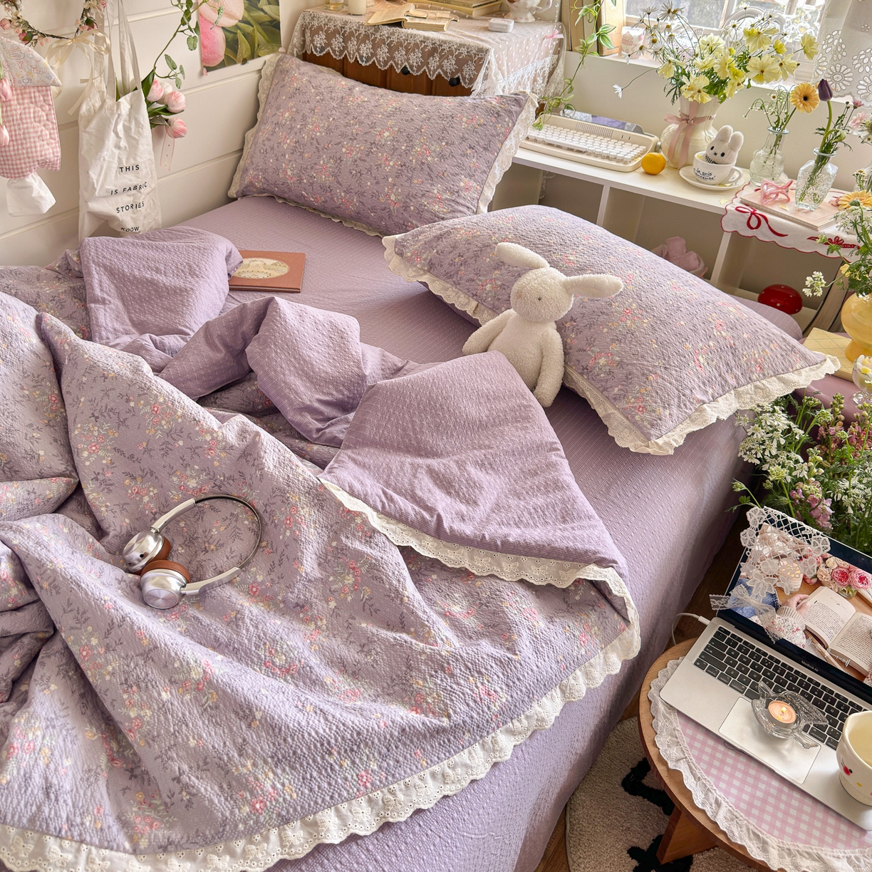 91家纺网 家纺一手货源 找家纺 初念 2026新款泡芙纱全花边夏被四件套 花笺-松间茶事