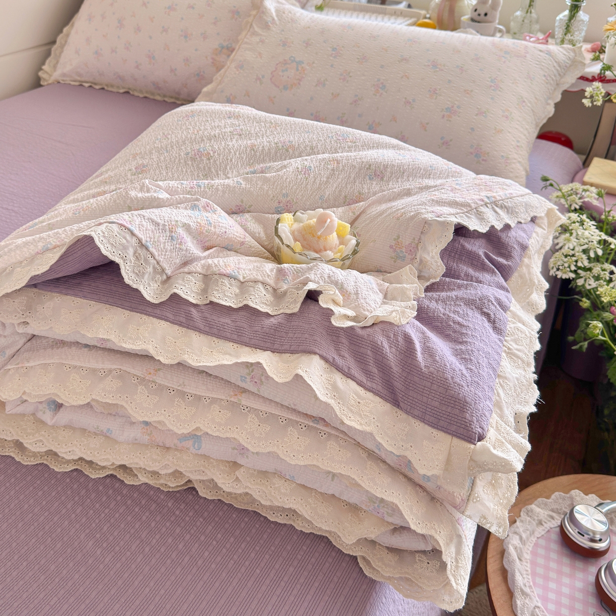 初念 2026新款泡芙纱全花边夏被四件套 花笺-碎花藏甜