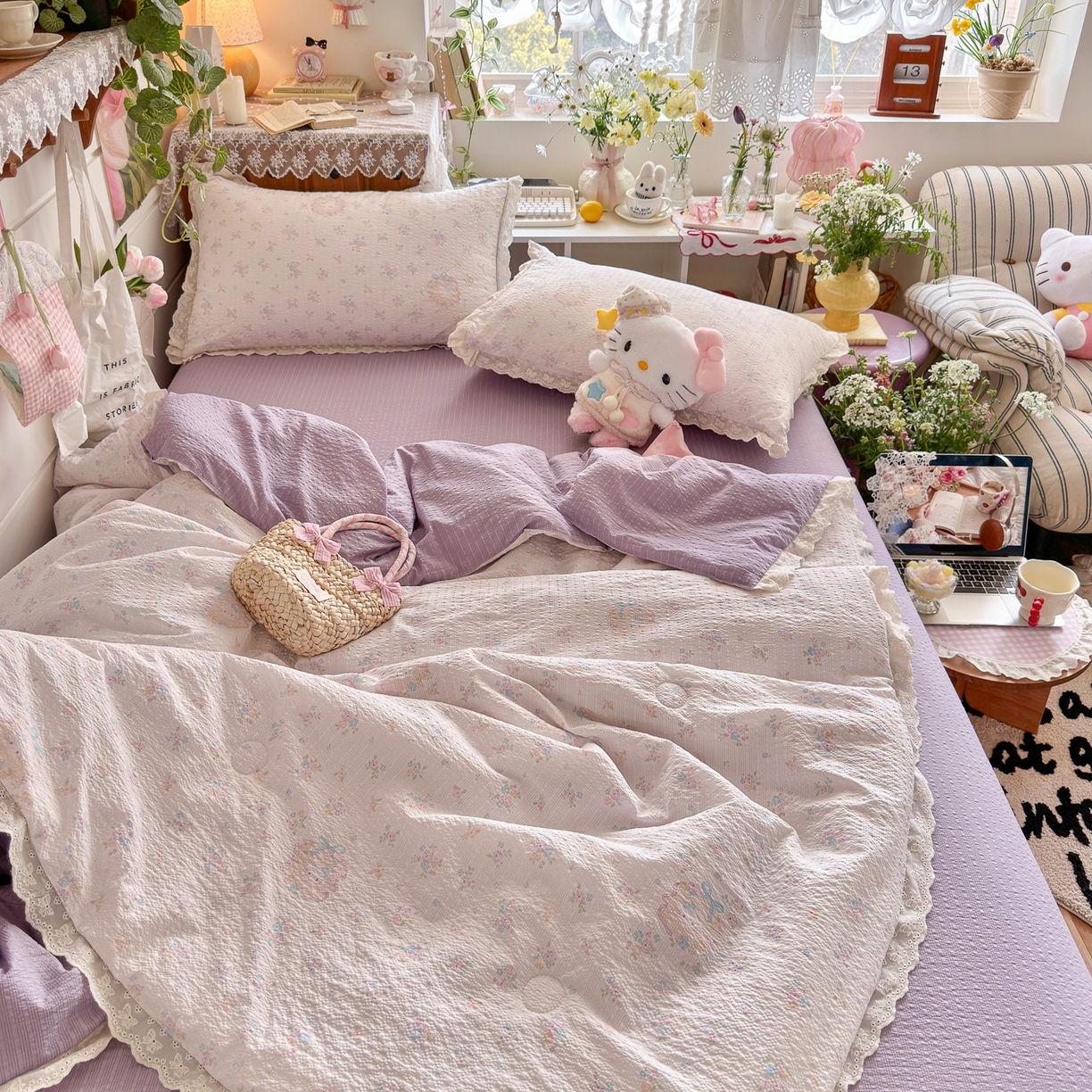 91家纺网 家纺一手货源 找家纺 初念 2026新款泡芙纱全花边夏被四件套 花笺-碎花藏甜