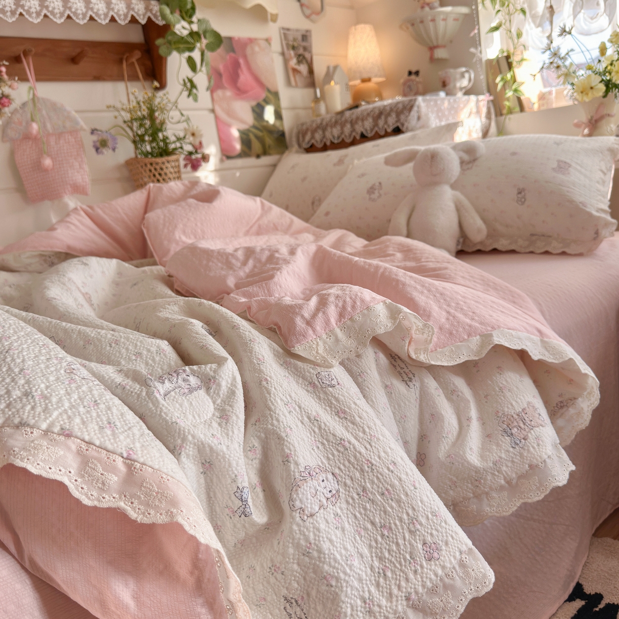 91家纺网 家纺一手货源 找家纺 初念 2026新款泡芙纱全花边夏被四件套 花笺-悦悦小兔