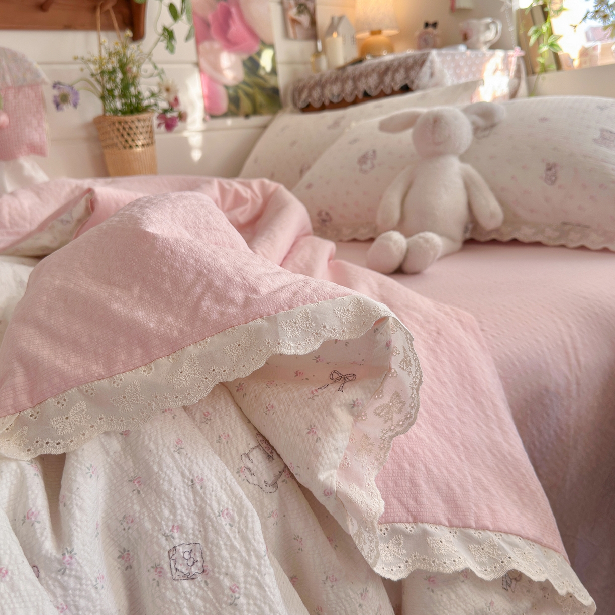 91家纺网 家纺一手货源 找家纺 初念 2026新款泡芙纱全花边夏被四件套 花笺-悦悦小兔