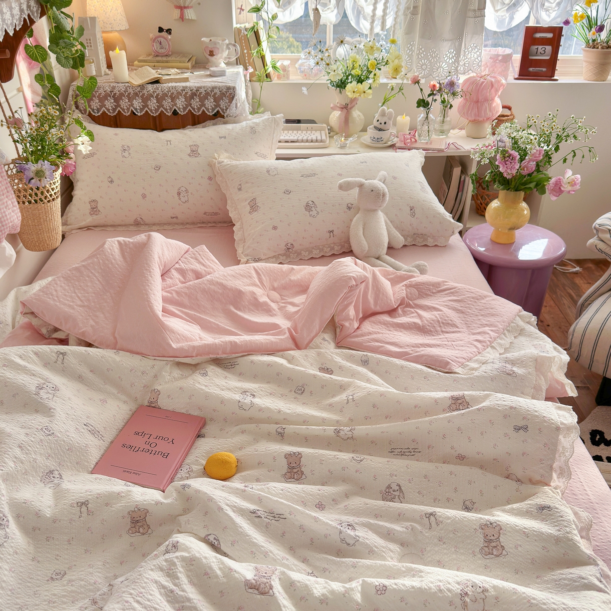 91家纺网 家纺一手货源 找家纺 初念 2026新款泡芙纱全花边夏被四件套 花笺-悦悦小兔