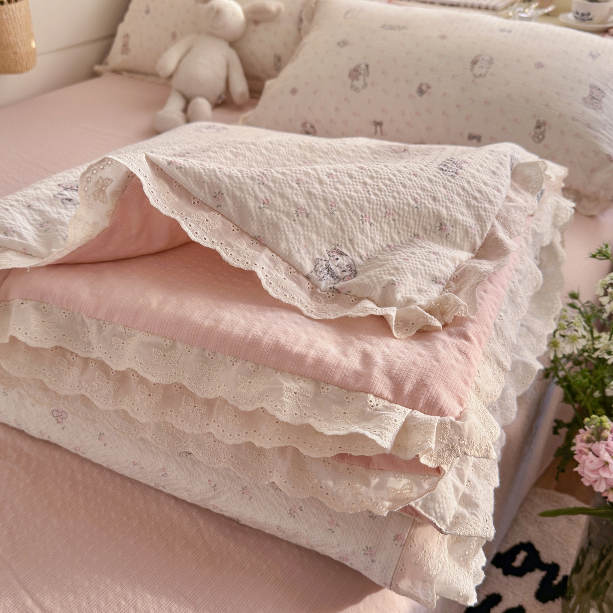 初念 2026新款泡芙纱全花边夏被四件套 花笺-悦悦小兔