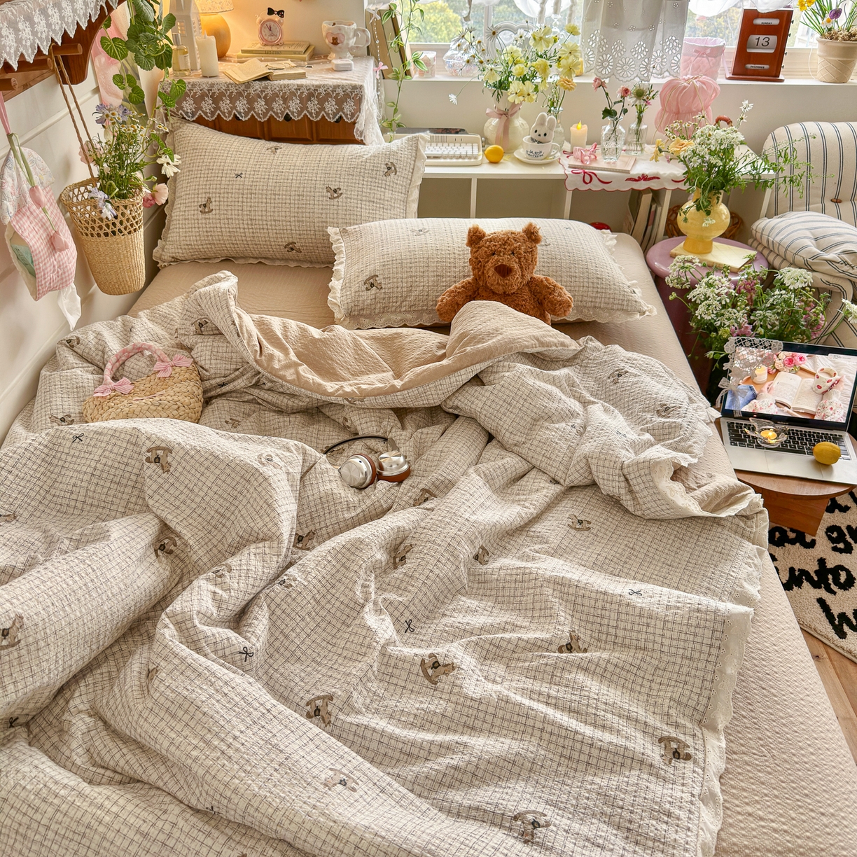 91家纺网 家纺一手货源 找家纺 初念 2026新款泡芙纱全花边夏被四件套 花笺-织纹木马迹