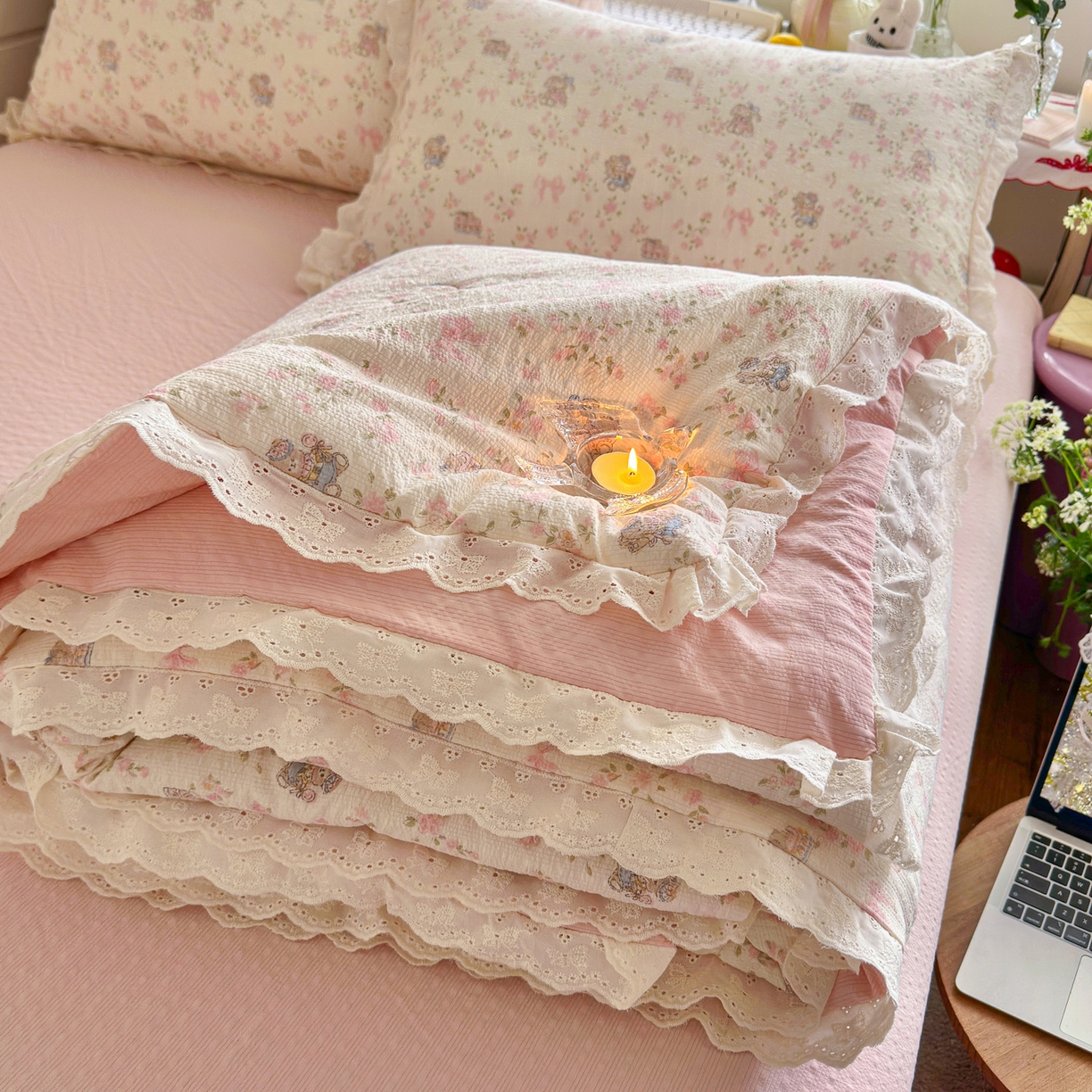 初念 2026新款泡芙纱全花边夏被四件套 花笺-庄园小兔