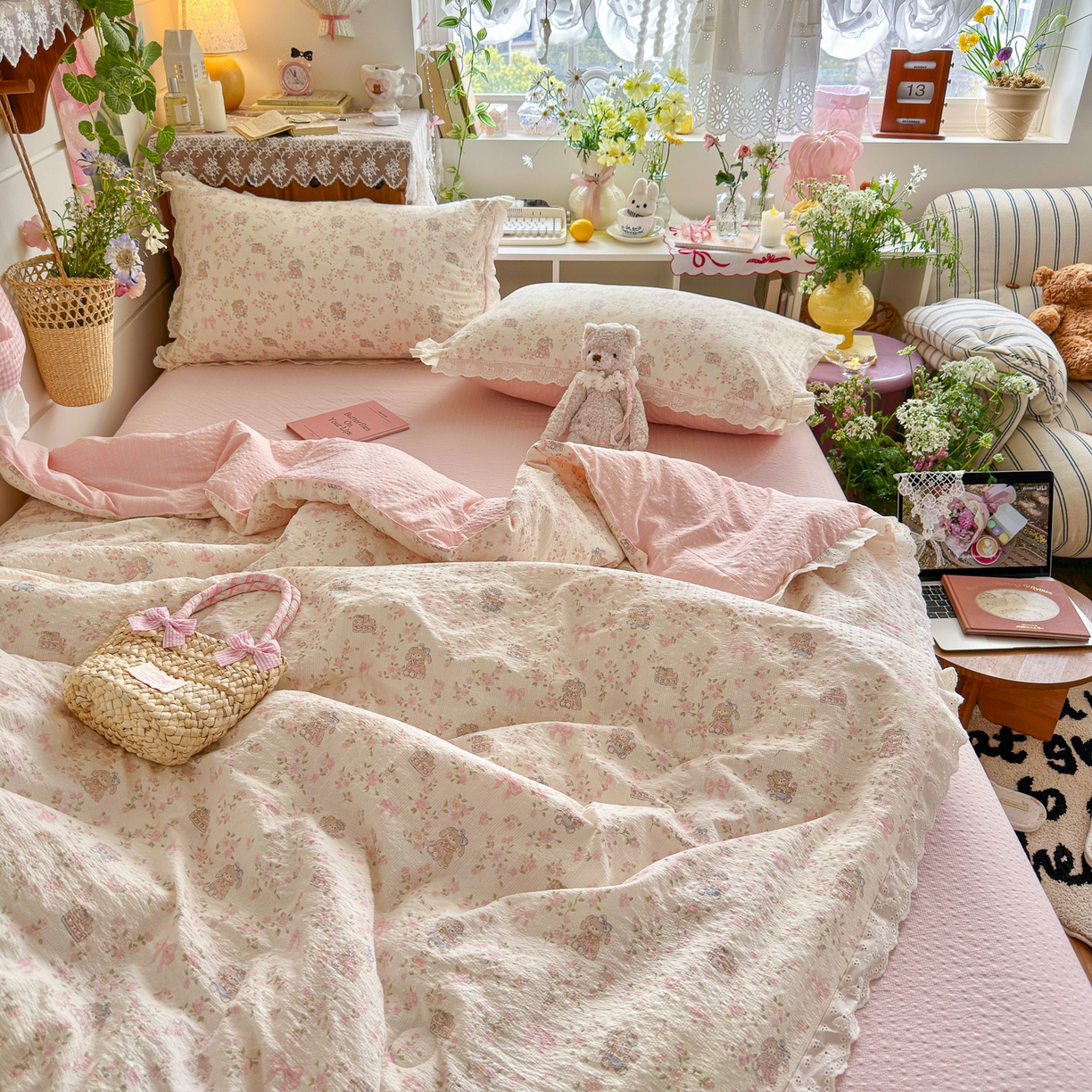 91家纺网 家纺一手货源 找家纺 初念 2026新款泡芙纱全花边夏被四件套 花笺-庄园小兔