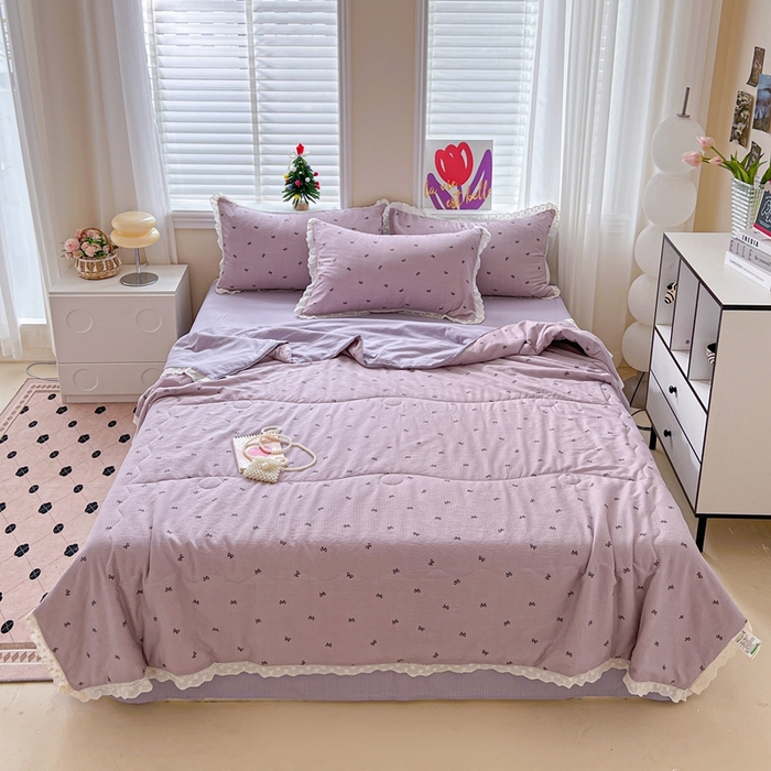 91家纺网 家纺一手货源 找家纺 梦纤绒 2026新款云感皱皱纱花边款夏被夏凉被空调被四件套 紫色蝴蝶结