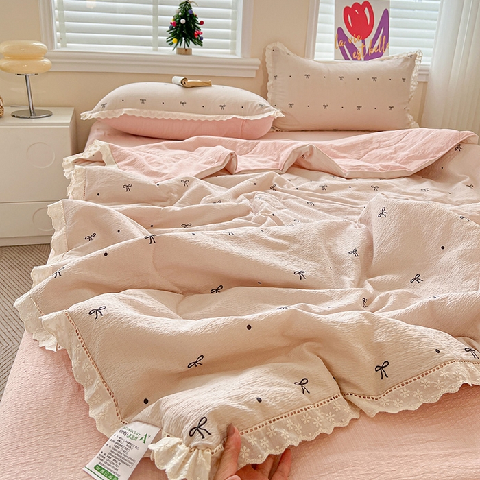 梦纤绒 2026新款云感皱皱纱花边款夏被夏凉被空调被四件套 心意