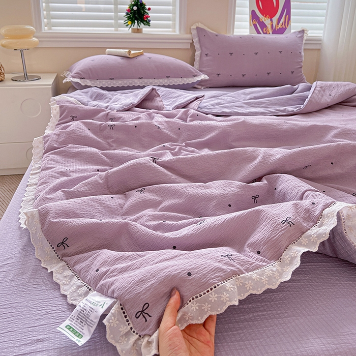 梦纤绒 2026新款云感皱皱纱花边款夏被夏凉被空调被四件套 心意紫
