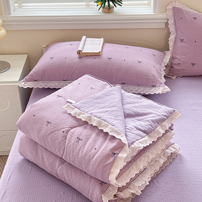 91家纺网 家纺一手货源 找家纺 梦纤绒 2026新款云感皱皱纱花边款夏被夏凉被空调被四件套 心意紫