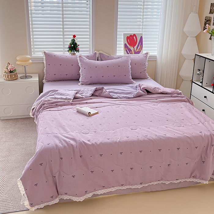 91家纺网 家纺一手货源 找家纺 梦纤绒 2026新款云感皱皱纱花边款夏被夏凉被空调被四件套 心意紫