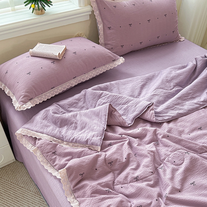 91家纺网 家纺一手货源 找家纺 梦纤绒 2026新款云感皱皱纱花边款夏被夏凉被空调被四件套 心意紫