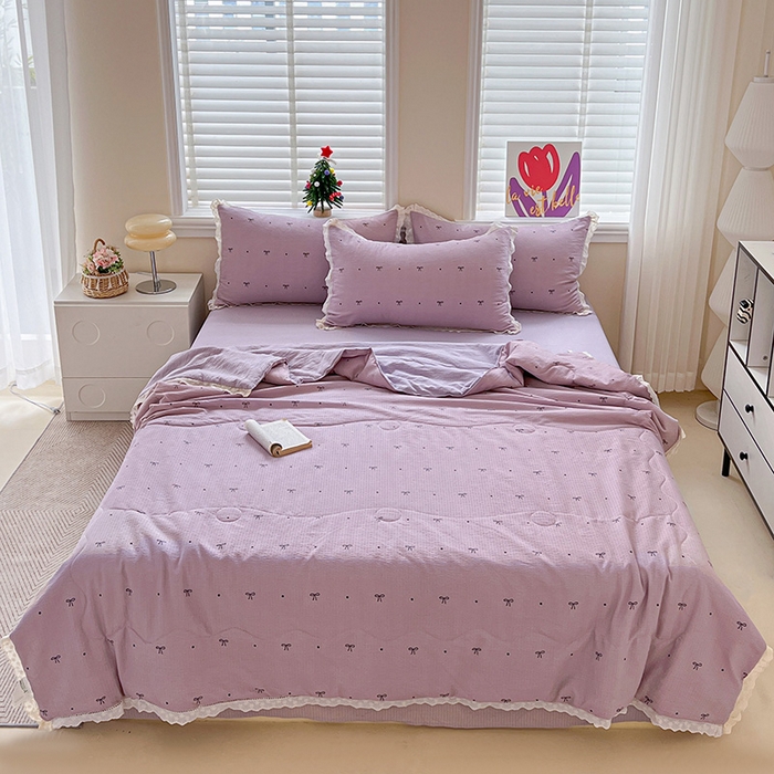 91家纺网 家纺一手货源 找家纺 梦纤绒 2026新款云感皱皱纱花边款夏被夏凉被空调被四件套 心意紫