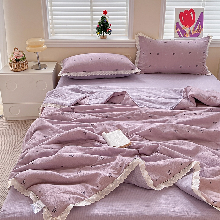 91家纺网 家纺一手货源 找家纺 梦纤绒 2026新款云感皱皱纱花边款夏被夏凉被空调被四件套 心意紫