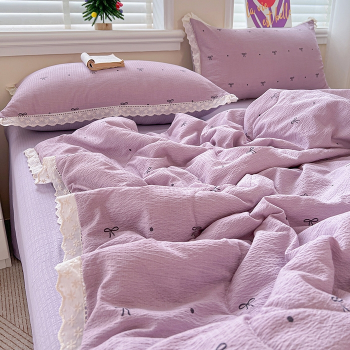 91家纺网 家纺一手货源 找家纺 梦纤绒 2026新款云感皱皱纱花边款夏被夏凉被空调被四件套 心意紫