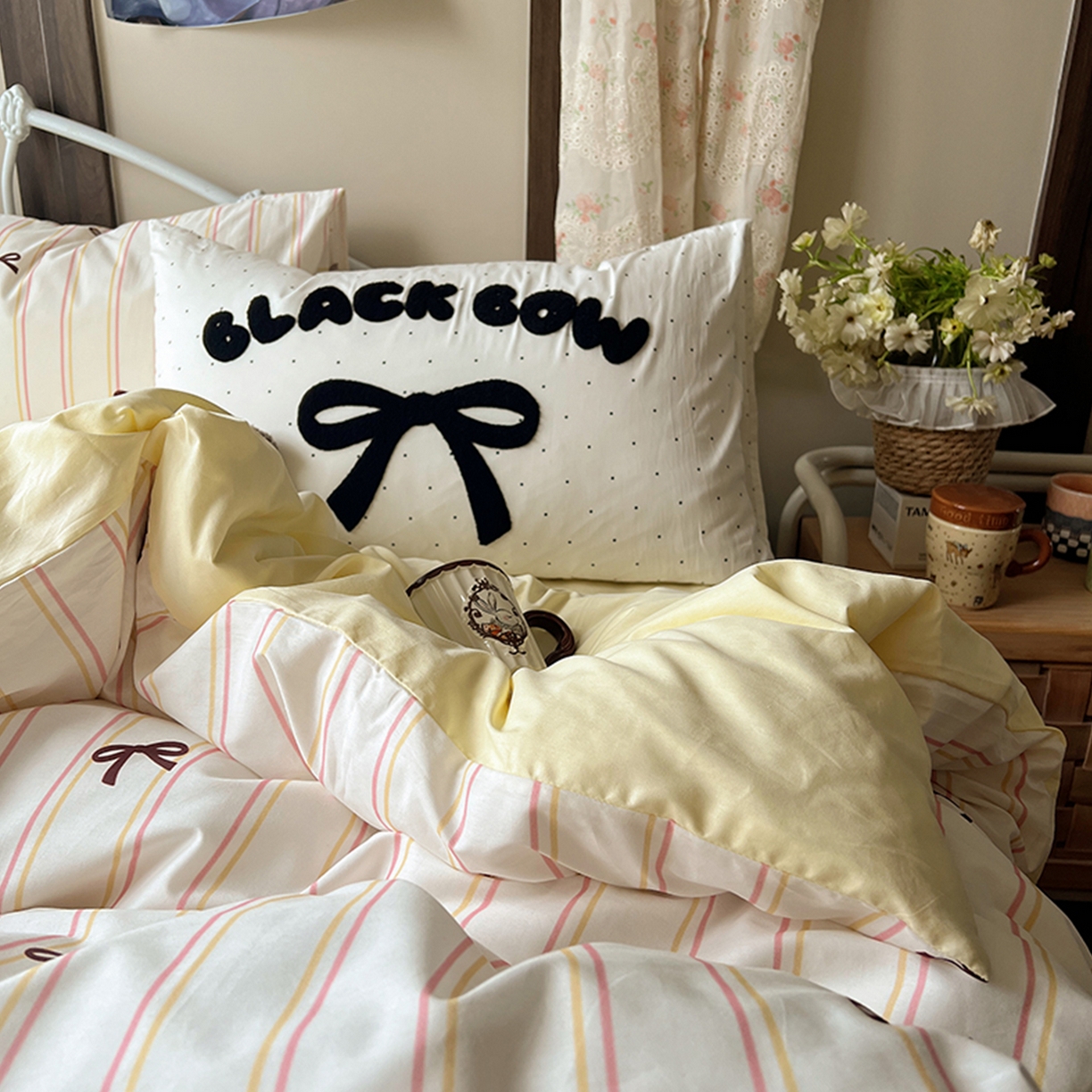 91家纺网 家纺一手货源 找家纺 （总）桃子家居 2026新款A类全棉纯棉水洗棉蝴蝶结条纹小清新混搭毛巾绣枕套少女系四件套