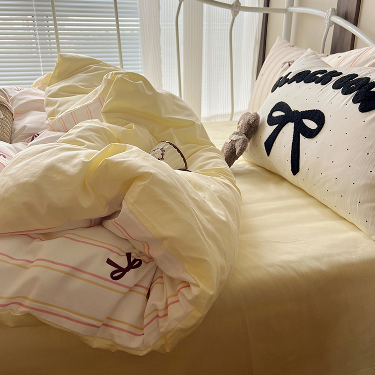 91家纺网 家纺一手货源 找家纺 （总）桃子家居 2026新款A类全棉纯棉水洗棉蝴蝶结条纹小清新混搭毛巾绣枕套少女系四件套