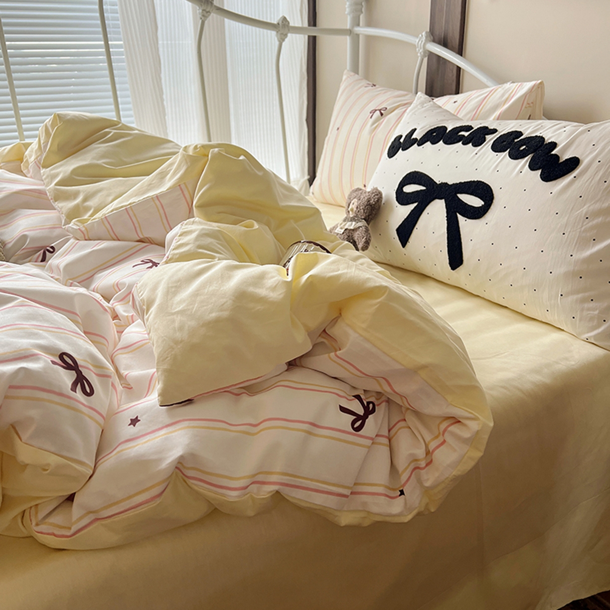 91家纺网 家纺一手货源 找家纺 （总）桃子家居 2026新款A类全棉纯棉水洗棉蝴蝶结条纹小清新混搭毛巾绣枕套少女系四件套