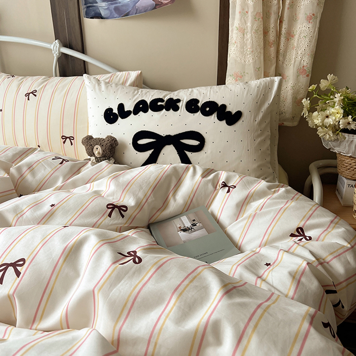 91家纺网 家纺一手货源 找家纺 （总）桃子家居 2026新款A类全棉纯棉水洗棉蝴蝶结条纹小清新混搭毛巾绣枕套少女系四件套