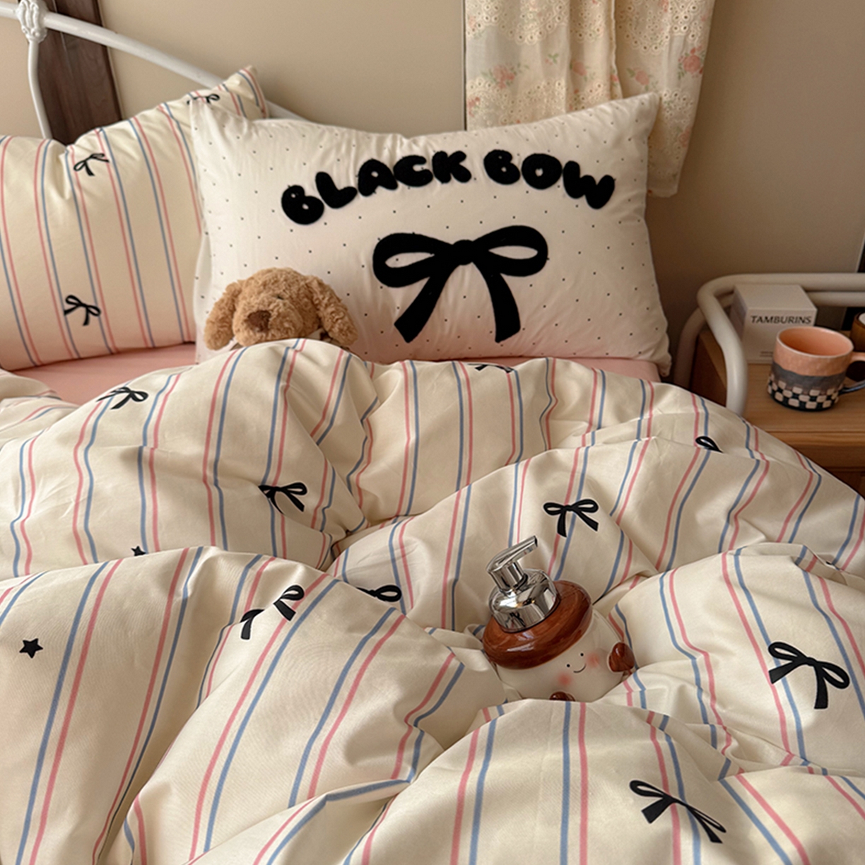 91家纺网 家纺一手货源 找家纺 （总）桃子家居 2026新款A类全棉纯棉水洗棉蝴蝶结条纹小清新混搭毛巾绣枕套少女系四件套