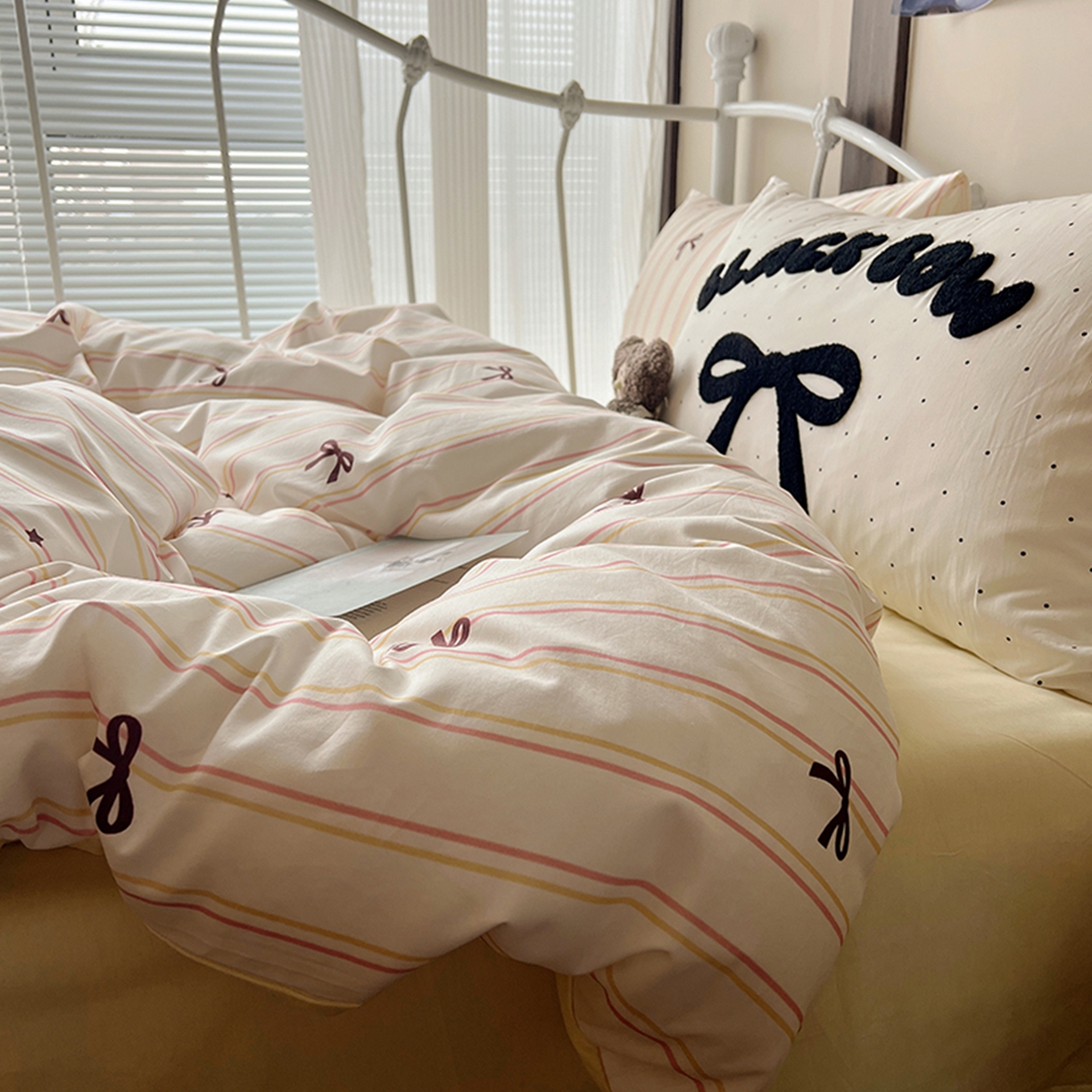 91家纺网 家纺一手货源 找家纺 （总）桃子家居 2026新款A类全棉纯棉水洗棉蝴蝶结条纹小清新混搭毛巾绣枕套少女系四件套