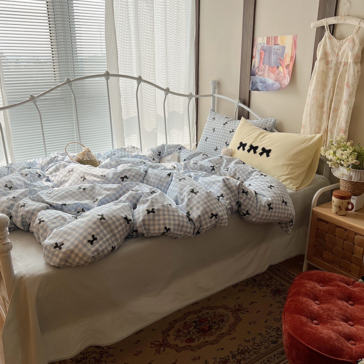 91家纺网 家纺一手货源 找家纺 桃子家居 2026新款A类全棉纯棉水洗棉蝴蝶结条纹小清新混搭毛巾绣枕套少女系四件套 水洗棉-蝴蝶结蓝黑