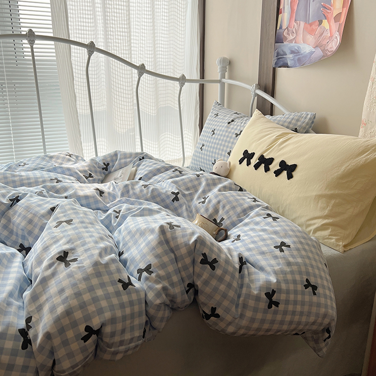 91家纺网 家纺一手货源 找家纺 桃子家居 2026新款A类全棉纯棉水洗棉蝴蝶结条纹小清新混搭毛巾绣枕套少女系四件套 水洗棉-蝴蝶结蓝黑