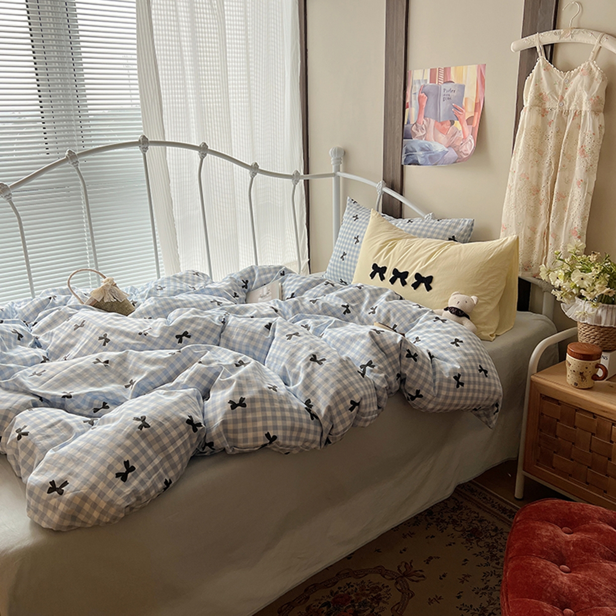 91家纺网 家纺一手货源 找家纺 桃子家居 2026新款A类全棉纯棉水洗棉蝴蝶结条纹小清新混搭毛巾绣枕套少女系四件套 水洗棉-蝴蝶结蓝黑