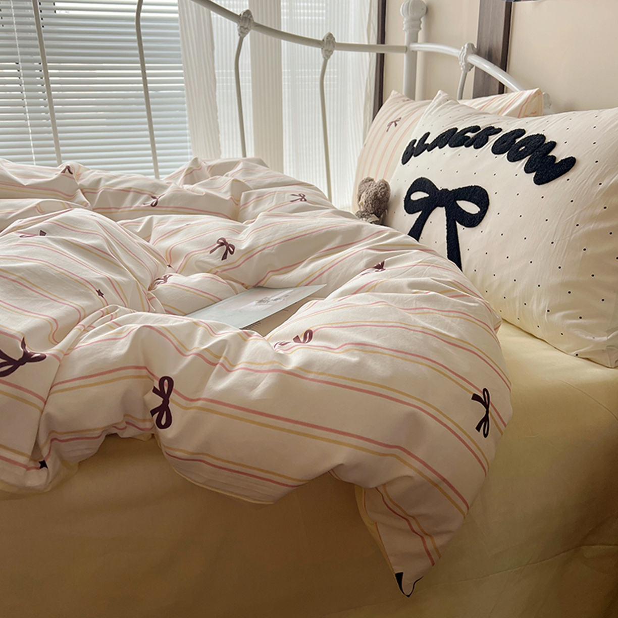 91家纺网 家纺一手货源 找家纺 （总）桃子家居 2026新款A类全棉纯棉水洗棉蝴蝶结条纹小清新混搭毛巾绣枕套少女系四件套