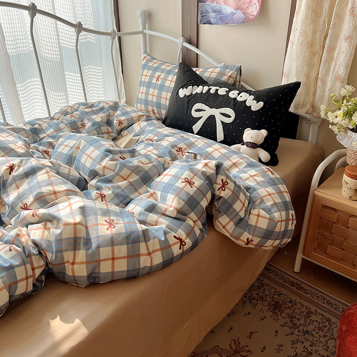 91家纺网 家纺一手货源 找家纺 桃子家居 2026新款A类全棉纯棉水洗棉蝴蝶结条纹小清新混搭毛巾绣枕套少女系四件套 水洗棉-海盐蝴蝶结蓝