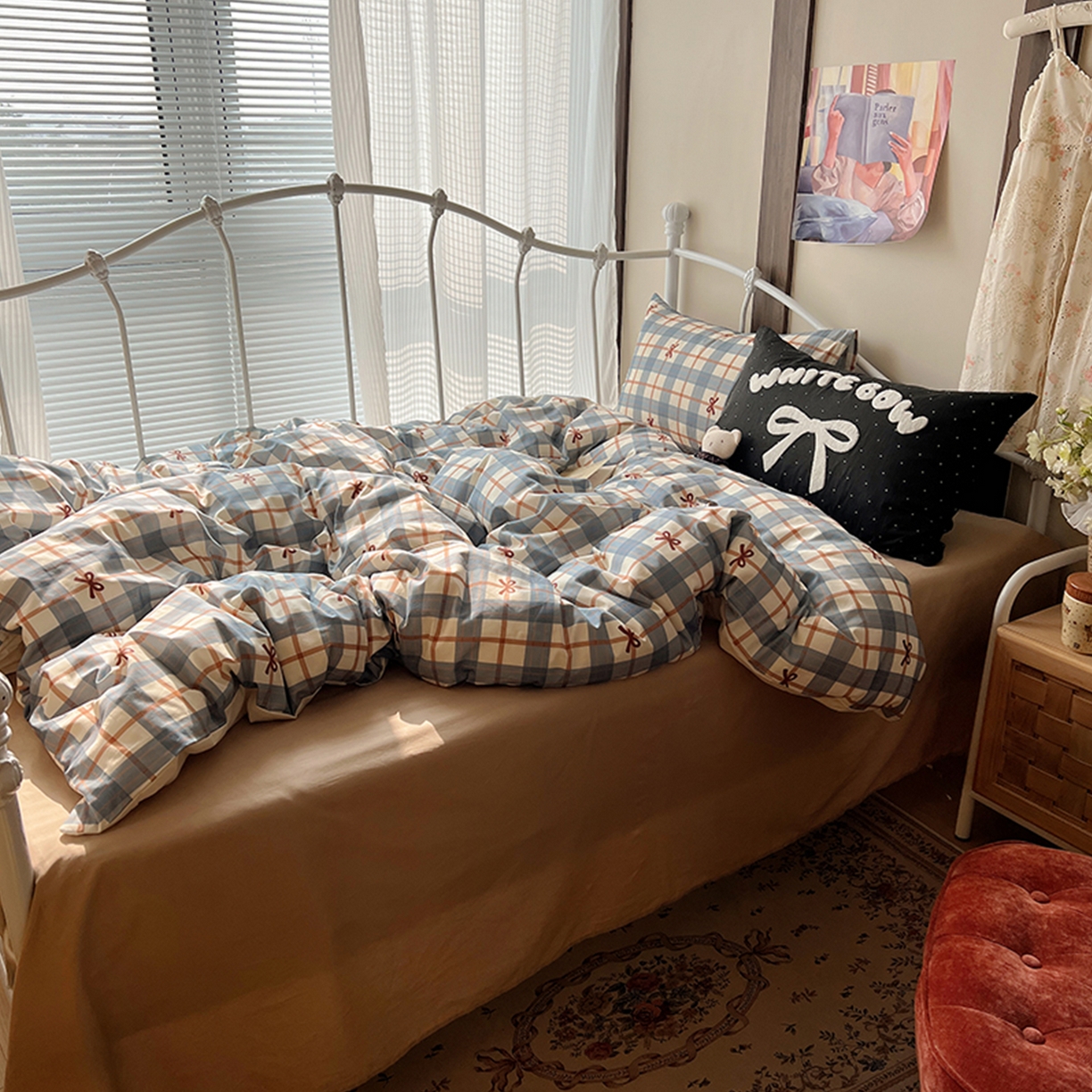 91家纺网 家纺一手货源 找家纺 桃子家居 2026新款A类全棉纯棉水洗棉蝴蝶结条纹小清新混搭毛巾绣枕套少女系四件套 水洗棉-海盐蝴蝶结蓝