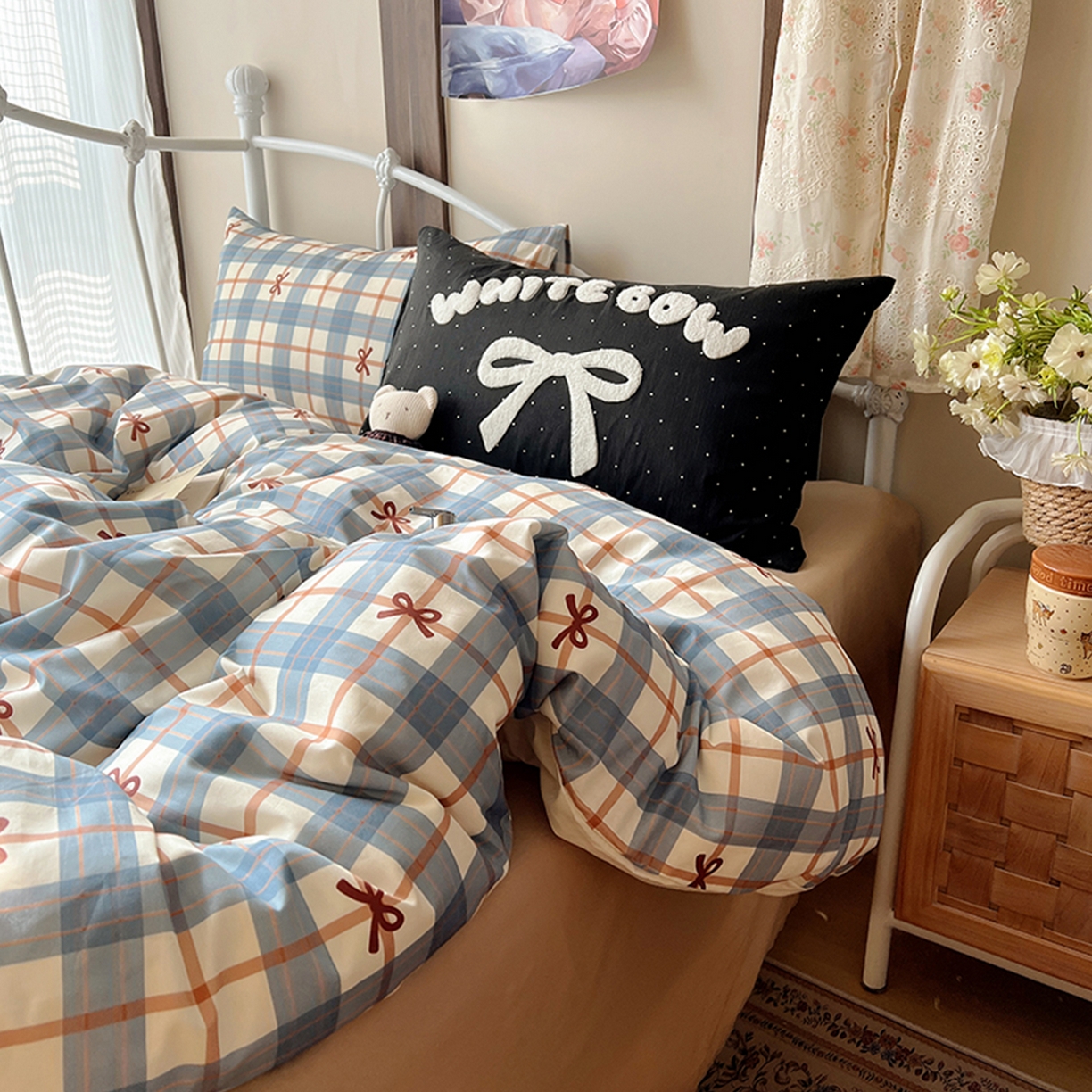 91家纺网 家纺一手货源 找家纺 桃子家居 2026新款A类全棉纯棉水洗棉蝴蝶结条纹小清新混搭毛巾绣枕套少女系四件套 水洗棉-海盐蝴蝶结蓝