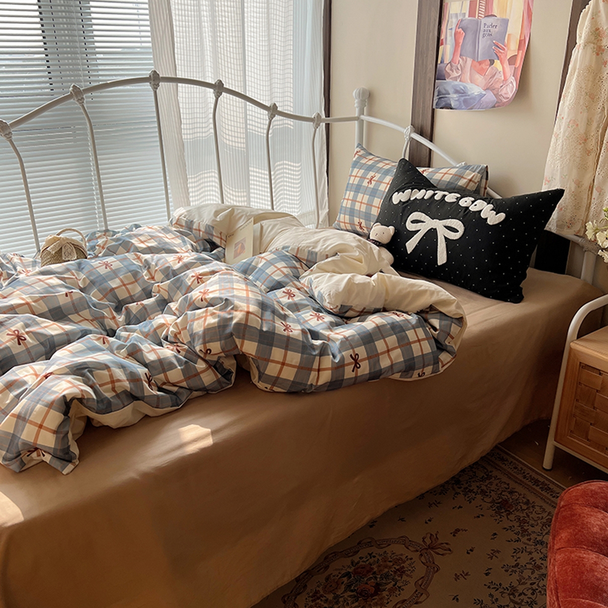 91家纺网 家纺一手货源 找家纺 桃子家居 2026新款A类全棉纯棉水洗棉蝴蝶结条纹小清新混搭毛巾绣枕套少女系四件套 水洗棉-海盐蝴蝶结蓝