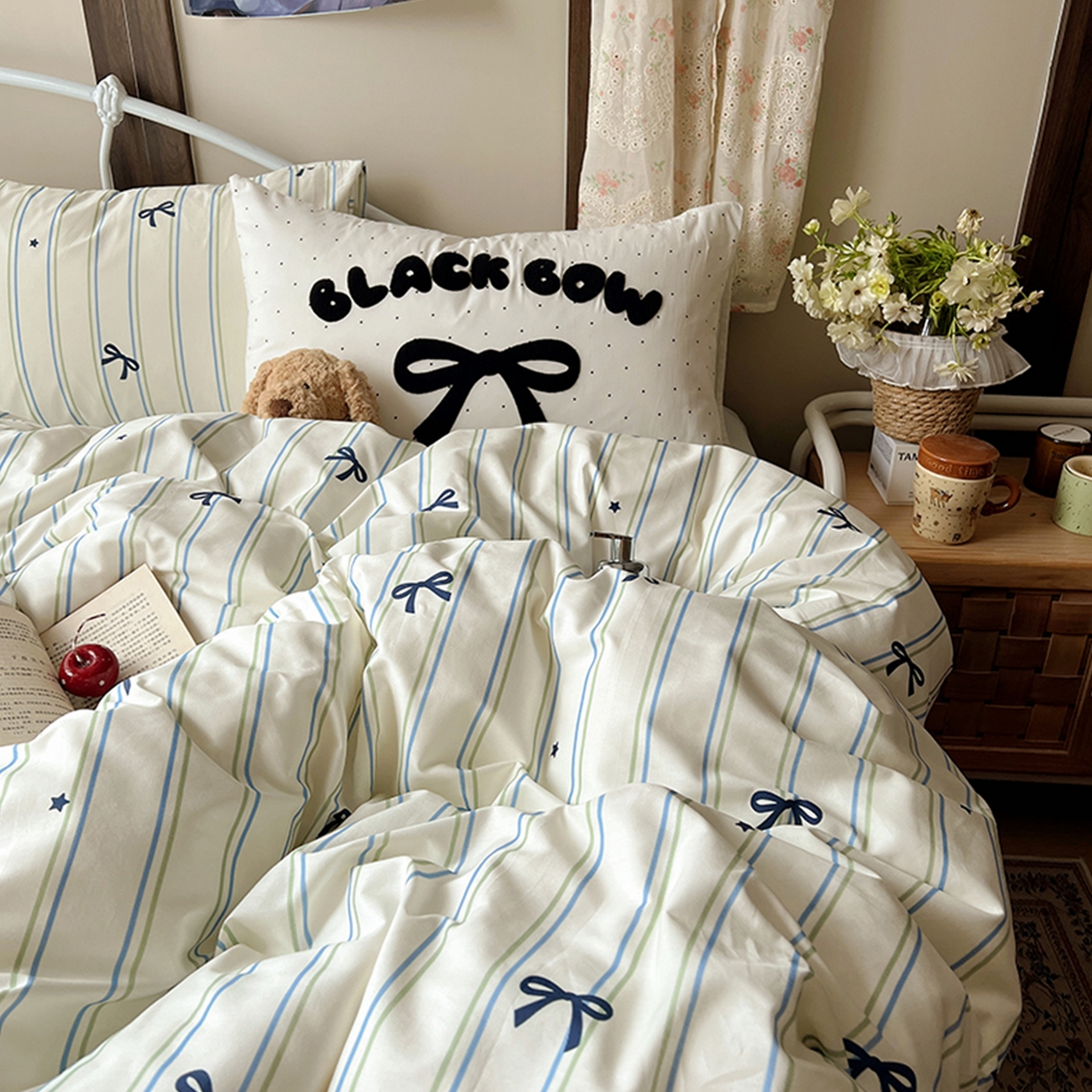 91家纺网 家纺一手货源 找家纺 桃子家居 2026新款A类全棉纯棉水洗棉蝴蝶结条纹小清新混搭毛巾绣枕套少女系四件套 水洗棉-海盐薄荷条