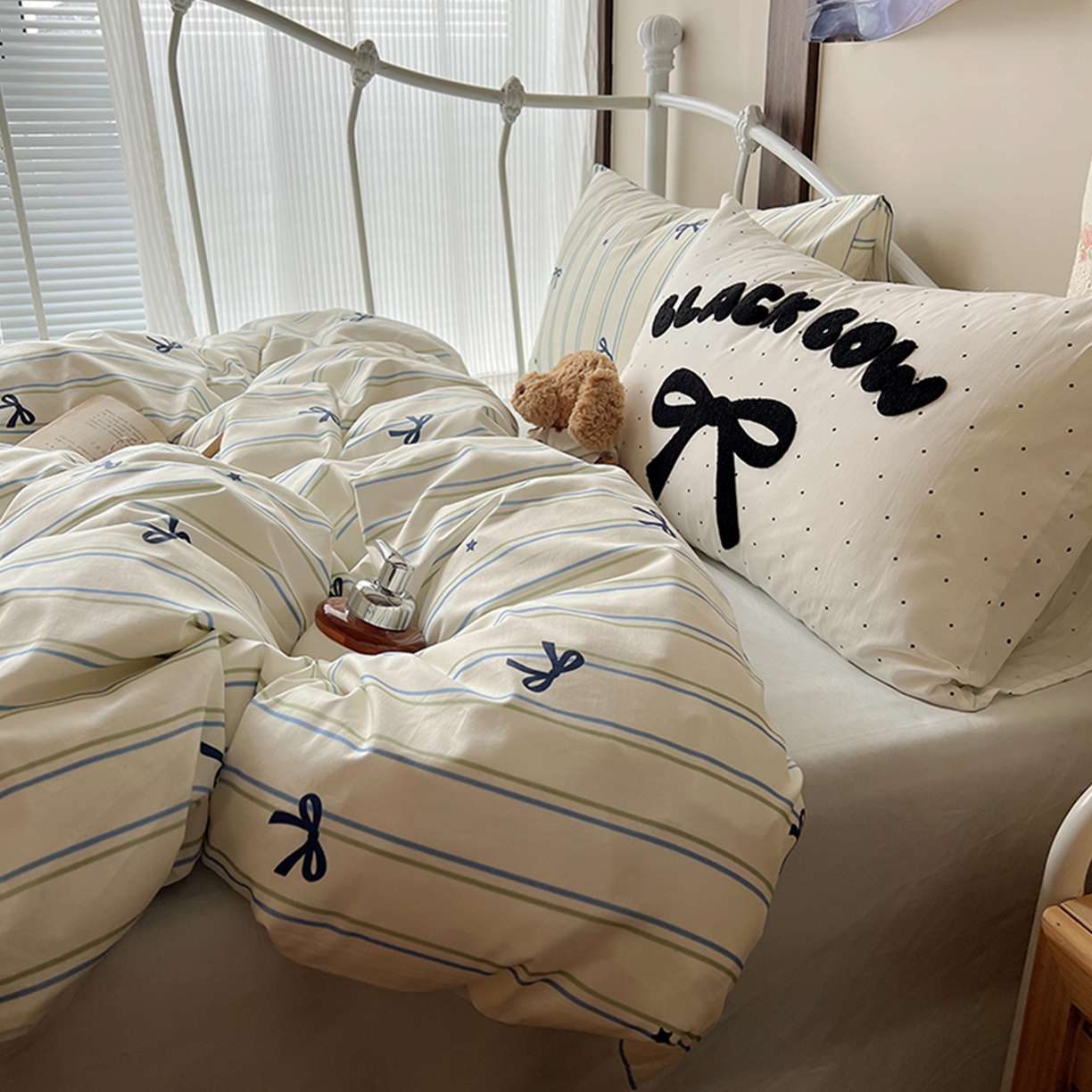 91家纺网 家纺一手货源 找家纺 桃子家居 2026新款A类全棉纯棉水洗棉蝴蝶结条纹小清新混搭毛巾绣枕套少女系四件套 水洗棉-海盐薄荷条