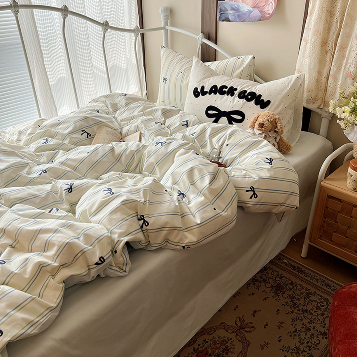 91家纺网 家纺一手货源 找家纺 桃子家居 2026新款A类全棉纯棉水洗棉蝴蝶结条纹小清新混搭毛巾绣枕套少女系四件套 水洗棉-海盐薄荷条