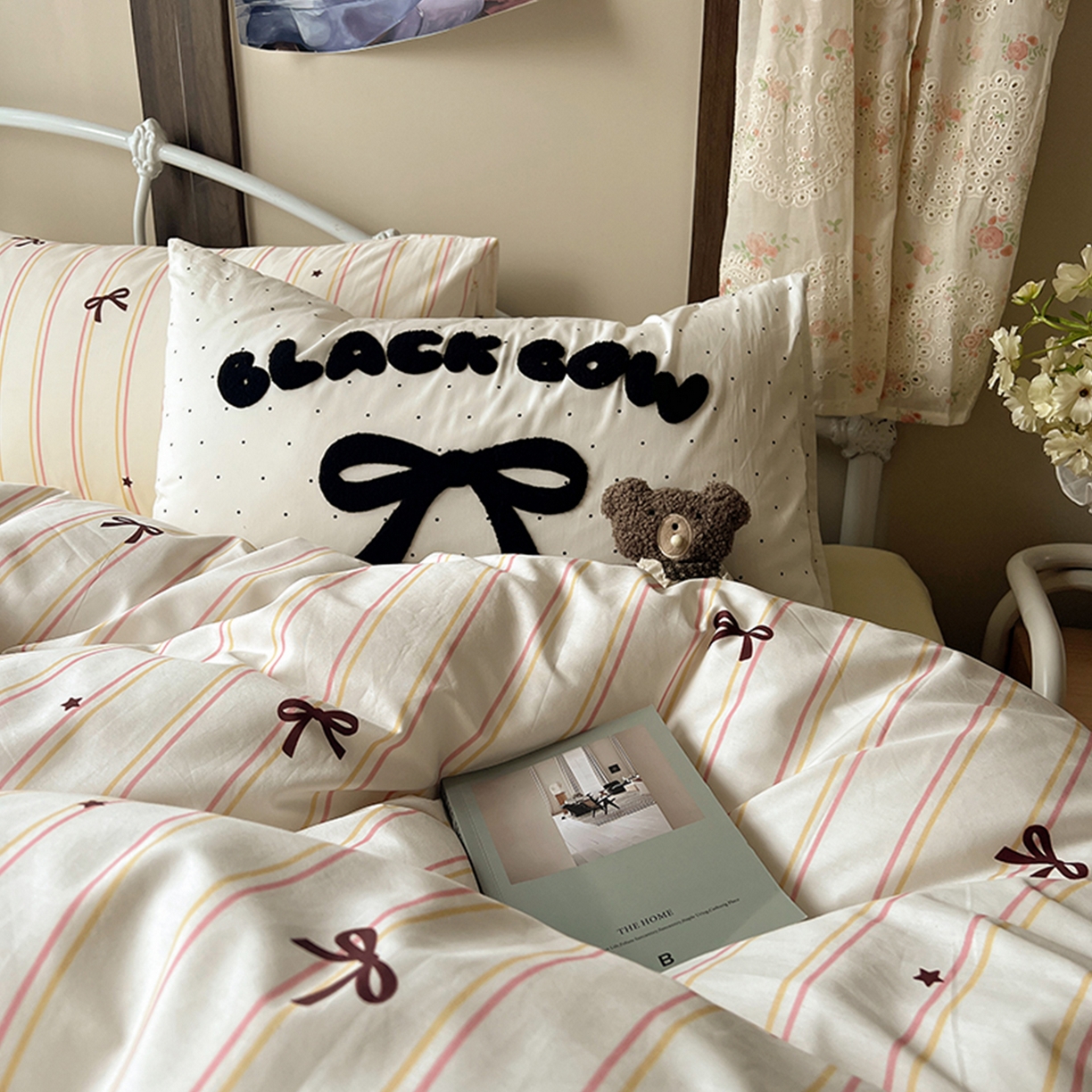 91家纺网 家纺一手货源 找家纺 桃子家居 2026新款A类全棉纯棉水洗棉蝴蝶结条纹小清新混搭毛巾绣枕套少女系四件套 水洗棉-粉柠奶黄条