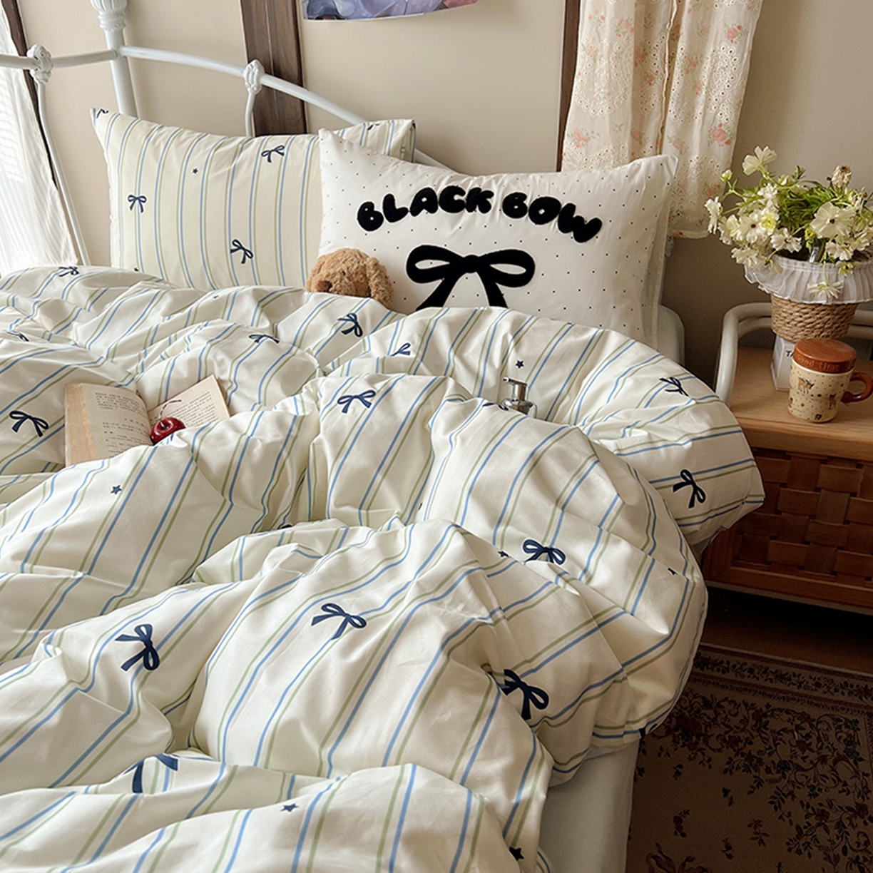 91家纺网 家纺一手货源 找家纺 桃子家居 2026新款A类全棉纯棉水洗棉蝴蝶结条纹小清新混搭毛巾绣枕套少女系四件套 水洗棉-海盐薄荷条