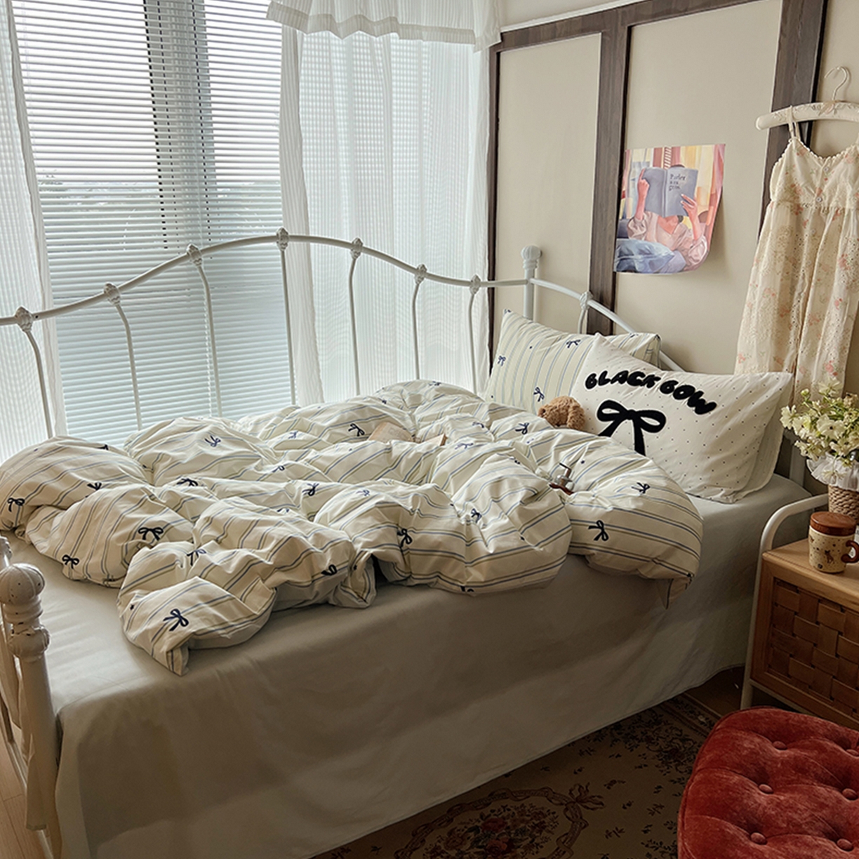 91家纺网 家纺一手货源 找家纺 桃子家居 2026新款A类全棉纯棉水洗棉蝴蝶结条纹小清新混搭毛巾绣枕套少女系四件套 水洗棉-海盐薄荷条