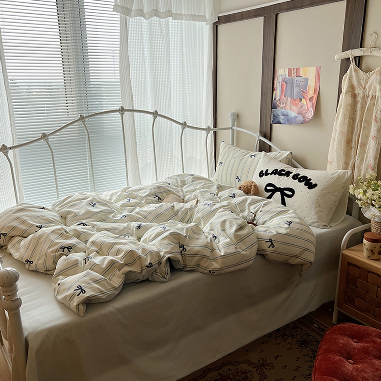 91家纺网 家纺一手货源 找家纺 桃子家居 2026新款A类全棉纯棉水洗棉蝴蝶结条纹小清新混搭毛巾绣枕套少女系四件套 水洗棉-海盐薄荷条