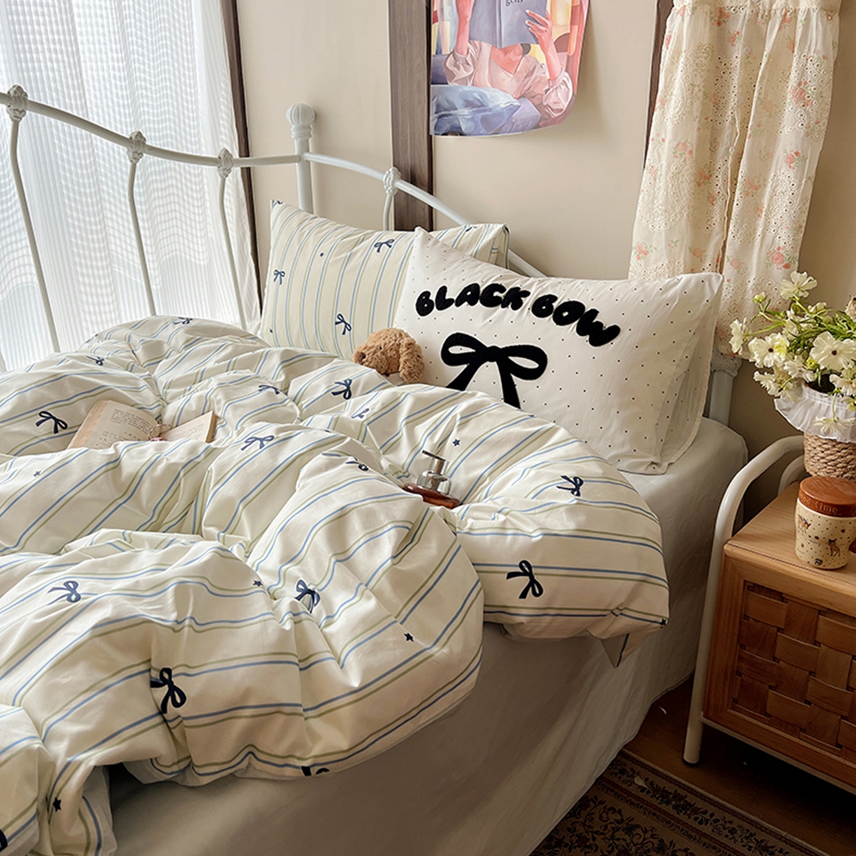 91家纺网 家纺一手货源 找家纺 桃子家居 2026新款A类全棉纯棉水洗棉蝴蝶结条纹小清新混搭毛巾绣枕套少女系四件套 水洗棉-海盐薄荷条