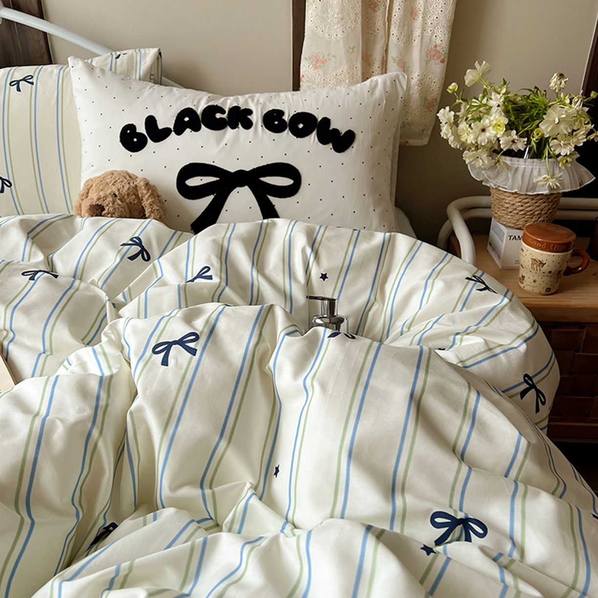 91家纺网 家纺一手货源 找家纺 桃子家居 2026新款A类全棉纯棉水洗棉蝴蝶结条纹小清新混搭毛巾绣枕套少女系四件套 水洗棉-海盐薄荷条