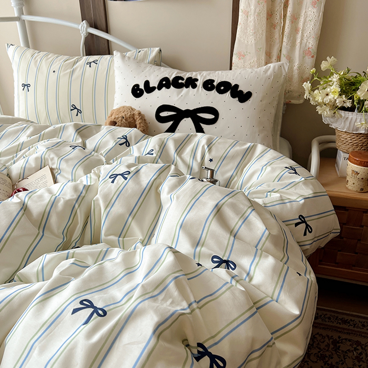 91家纺网 家纺一手货源 找家纺 桃子家居 2026新款A类全棉纯棉水洗棉蝴蝶结条纹小清新混搭毛巾绣枕套少女系四件套 水洗棉-海盐薄荷条