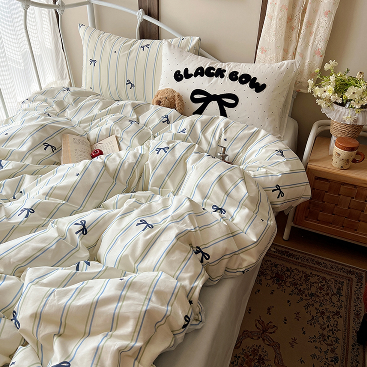 91家纺网 家纺一手货源 找家纺 桃子家居 2026新款A类全棉纯棉水洗棉蝴蝶结条纹小清新混搭毛巾绣枕套少女系四件套 水洗棉-海盐薄荷条