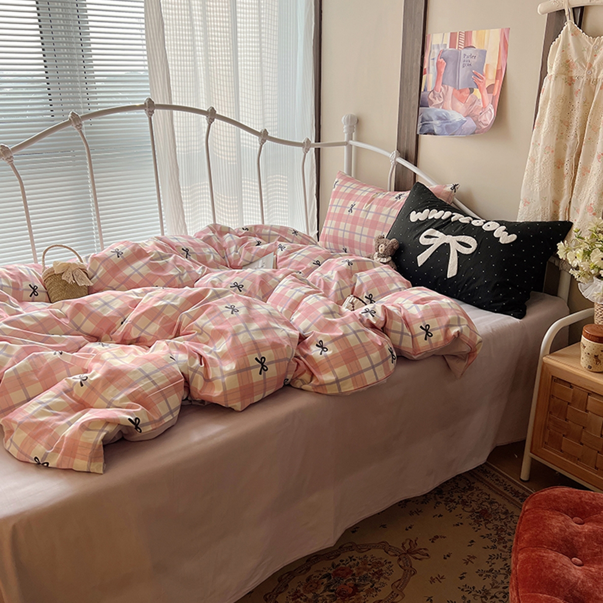 91家纺网 家纺一手货源 找家纺 桃子家居 2026新款A类全棉纯棉水洗棉蝴蝶结条纹小清新混搭毛巾绣枕套少女系四件套 水洗棉-软糖蝴蝶结粉