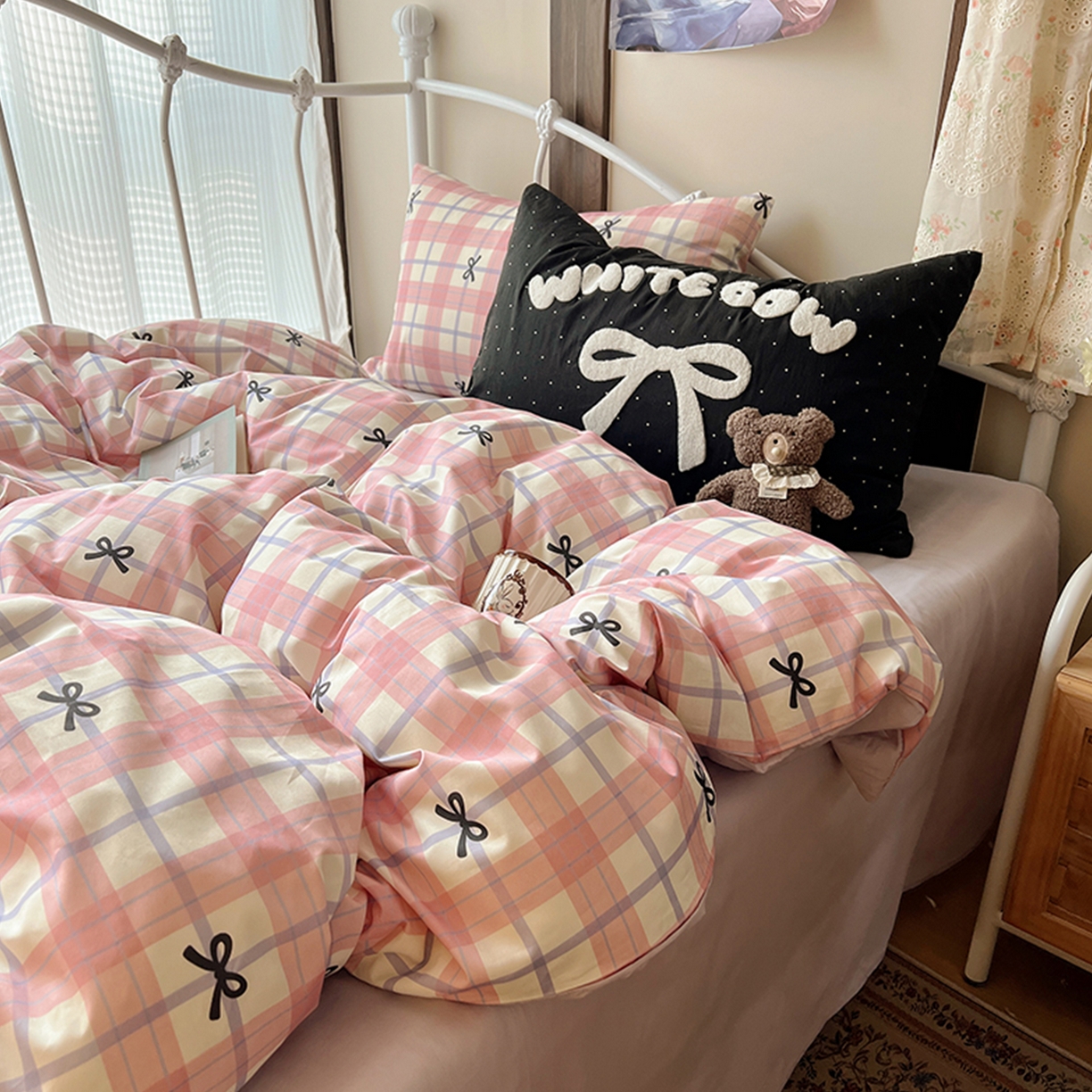 91家纺网 家纺一手货源 找家纺 桃子家居 2026新款A类全棉纯棉水洗棉蝴蝶结条纹小清新混搭毛巾绣枕套少女系四件套 水洗棉-软糖蝴蝶结粉