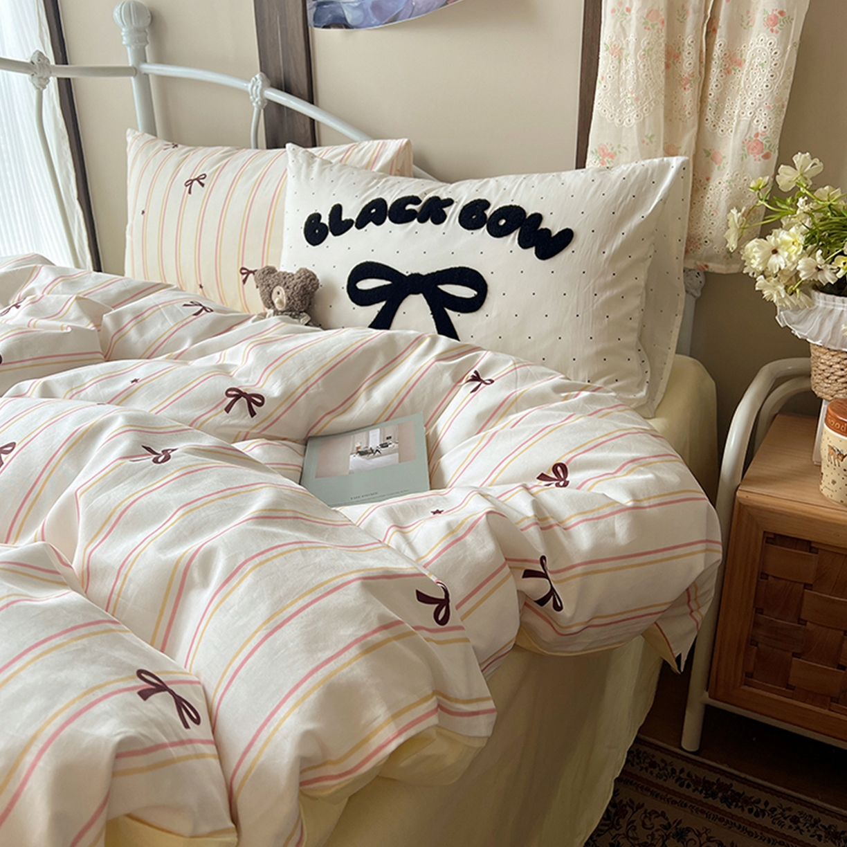 91家纺网 家纺一手货源 找家纺 （总）桃子家居 2026新款A类全棉纯棉水洗棉蝴蝶结条纹小清新混搭毛巾绣枕套少女系四件套