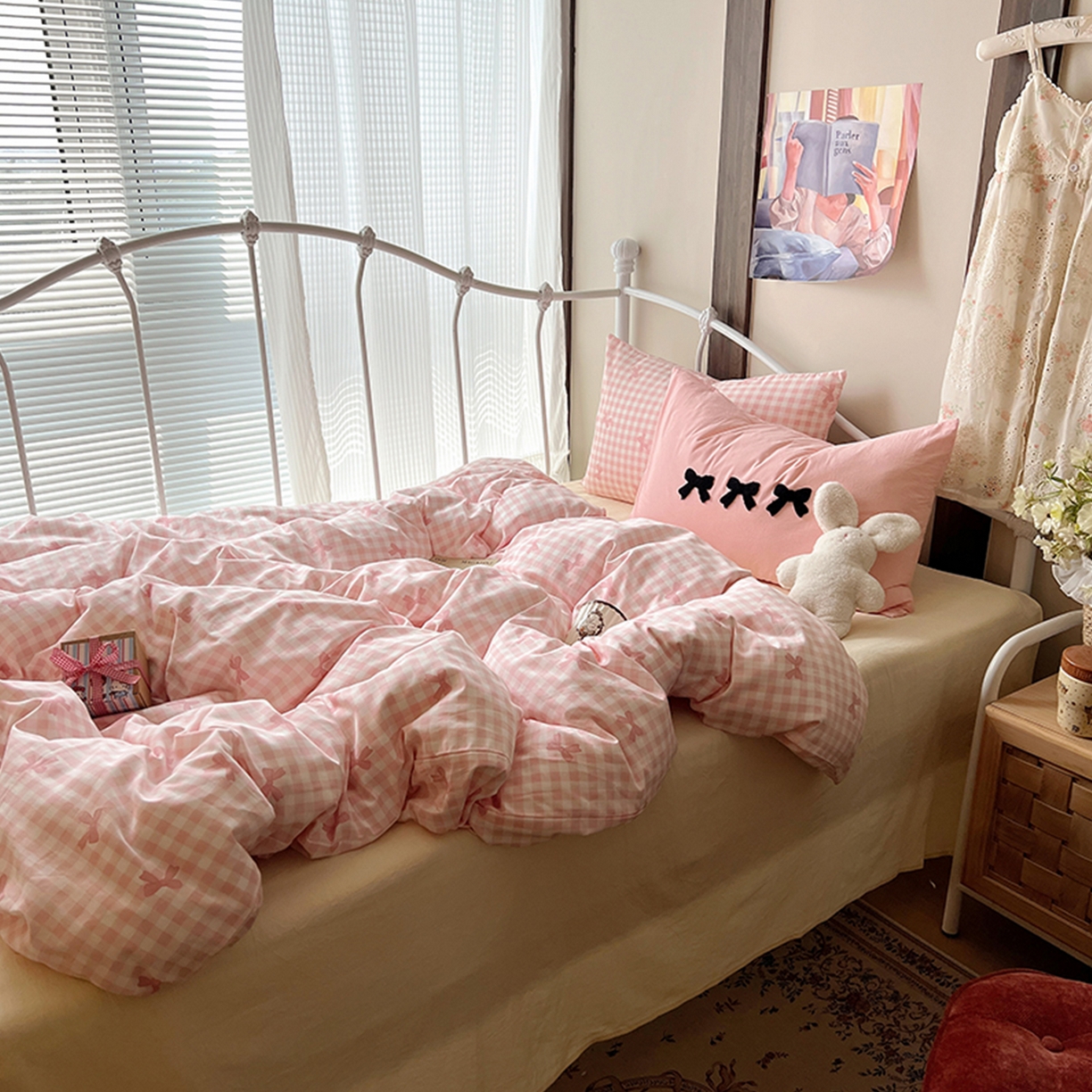 91家纺网 家纺一手货源 找家纺 桃子家居 2026新款A类全棉纯棉水洗棉蝴蝶结条纹小清新混搭毛巾绣枕套少女系四件套 水洗棉-蝴蝶结粉粉